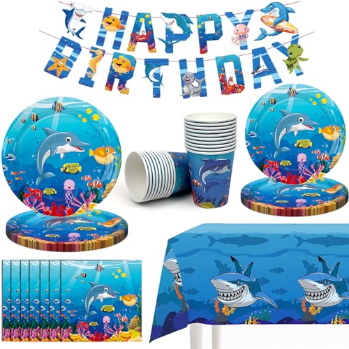 Puosike Unterwasser Deko Partygeschirr Set, Unter dem Meer Party Deko Geburtstag, Unterwasserwelt Kindergeburtstag Party Deko, Geburtstagsdeko Pappteller Teller Tassen Servietten Banner 20 Gäste von Puosike