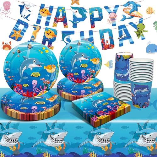 Puosike Unterwasser Deko Partygeschirr Set, Unter dem Meer Party Deko Geburtstag, Unterwasserwelt Kindergeburtstag Party Deko, Geburtstagsdeko Pappteller Teller Tassen Servietten Banner 20 Gäste von Puosike