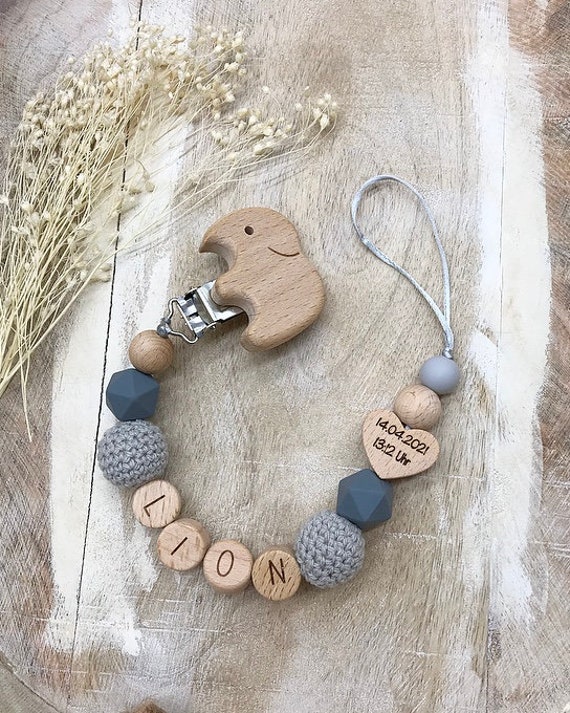 Schnullerkette Graviert Personalisiert Grau von PureDesignBabyHerz