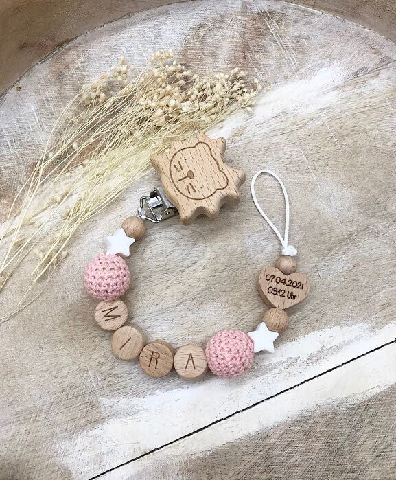 Schnullerkette Personalisiert Graviert Apricot von PureDesignBabyHerz