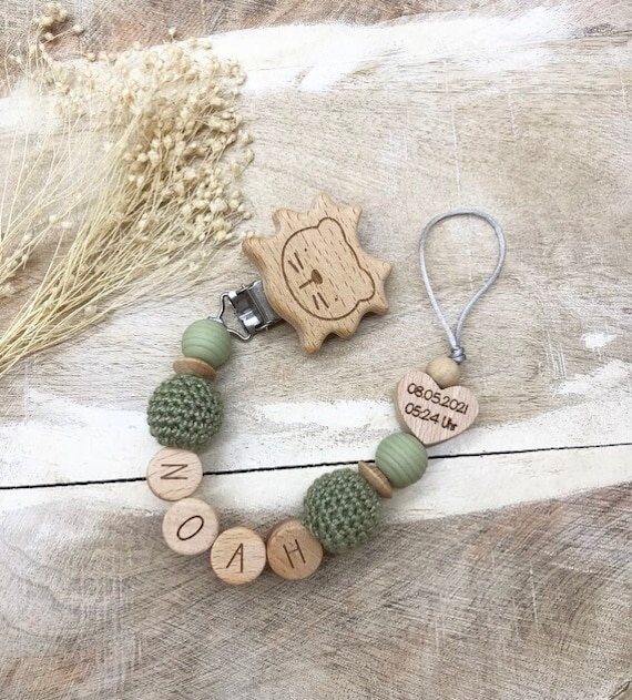 Schnullerkette Mit Namen Personalisiert Graviert Geschenk Taufe/Geburt Verschiedene Schriftarten Clips von PureDesignBabyHerz