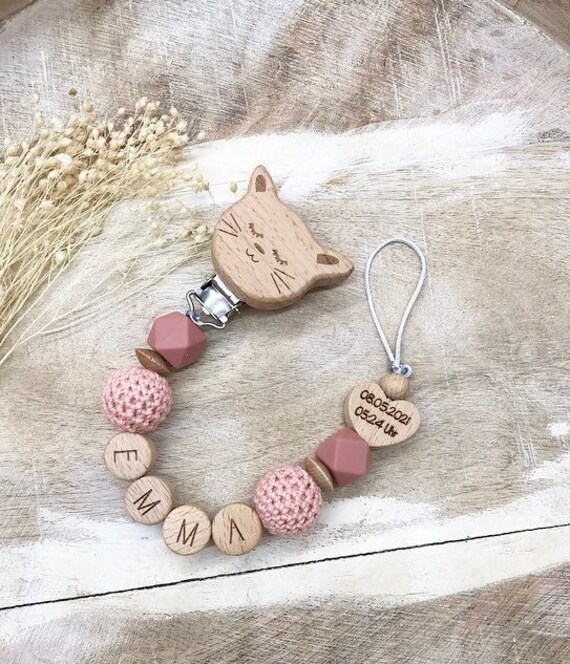 Schnullerkette Mit Namen Personalisiert Graviert Geschenk Taufe/Geburt Verschiedene Schriftarten Clips von PureDesignBabyHerz