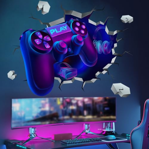 Purekay 3D Wandtattoo Gamer Wandaufkleber Gaming Controller Blau Violett Gamer Poster Wandtattoo Kinderzimmer Jungen Videospiel Wandstikcer für Jugendzimmer Deko Geschenk von Purekay