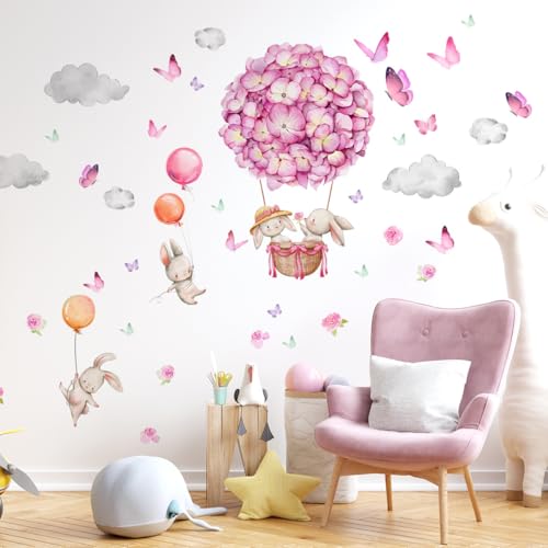 Purekay Rosa Wandtattoo Heißluftballon Wandaufkleber Tiere Ballon Blumen Kaninchen Wandsticker Babyzimmer Kinderzimmer Mädchen Schlafzimmer Wanddeko von Purekay