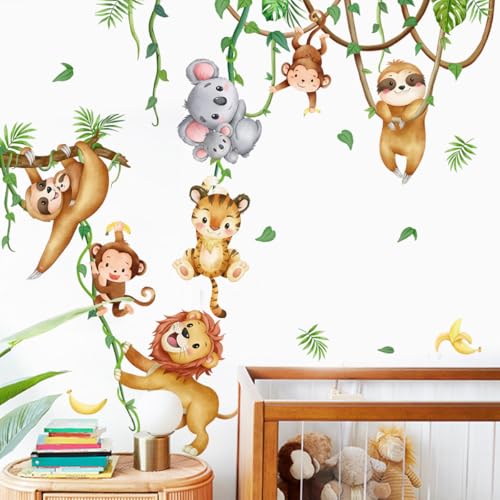 Purekay Wandtattoo Dschungel Tiere Reben Wandaufkleber Tiger Löwen Affen Koalas Safari Blätter Wandsticker Kinderzimmer Babyzimmer Schlafzimmer Wanddeko von Purekay