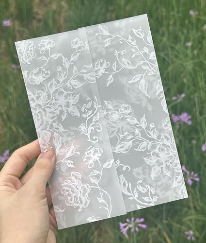 Puremigo Pergamenthüllen, vorgefaltet, für 12,7 x 17,8 cm große Einladungen, weiße Blumen, 115 g/m², Pergamentpapier, Hochzeitseinladungen, transparent, 50 Stück von Puremigo