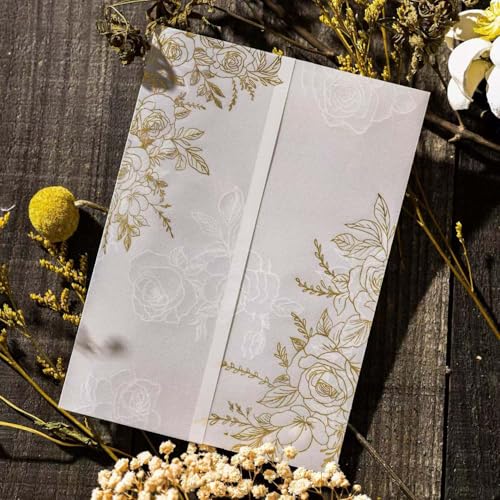 Puremigo 50 Stück vorgefaltete Pergamentumhüllen für 12,7 x 17,8 cm Einladungen – Goldfolienmuster – 115 g/m² Pergamentpapier 5 x 7 Jacken – Pergamentpapier Hochzeitseinladungen Wraps – transparente von Puremigo