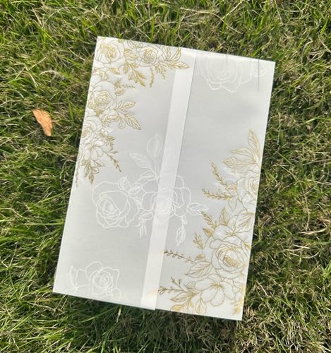 Puremigo 50 Stück vorgefaltete Pergamentumhüllen für 12,7 x 17,8 cm Einladungen – Goldfolienmuster – 115 g/m² Pergamentpapier 5 x 7 Jacken – Pergamentpapier Hochzeitseinladungen Wraps – transparente von Puremigo