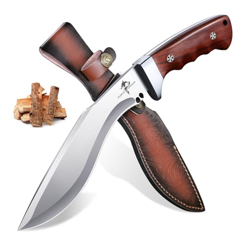 Purple Dragon Outdoor Messer Survival, Jagdmesser Feststehende Klinge mit Lederscheide, Scharfe Bushcraft Camping Messer mit Holzgriff, Full Tang Überlebensmesser Großes Machete, Geschenke für Männer von Purple Dragon