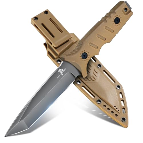 Purple Dragon Outdoor Messer Survival Messer mit Kydex Scheide, Jagdmesser Feststehende Klinge aus einem Stück D2 Stahl, Full Tang Bushcraft Messer G10 Griff für Camping, Geschenke für Männer, Khaki von Purple Dragon