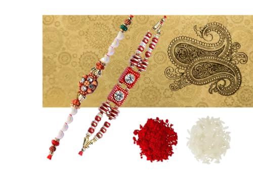 Purpledip Bhai Dooj Rakshbandhan Set:2 Rakhi Armbänder & Roli Chawal Tika in Shagun Umschlag (rakhi34r), Standard, Papier von Purpledip