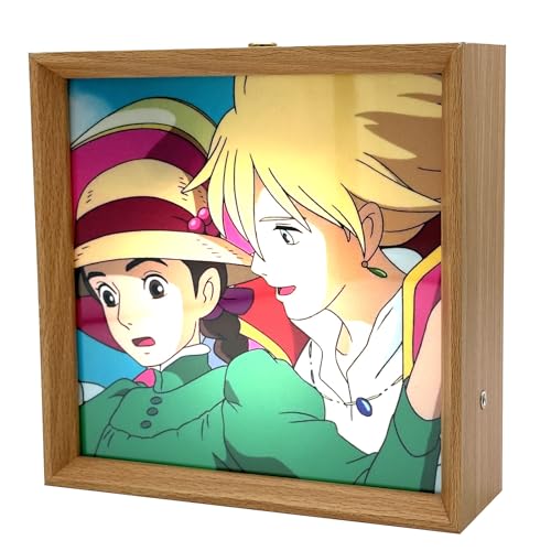 Spieluhr zum Aufziehen – HowlMoving Castle-Merry Go Round of Life, 15,2 x 15,2 cm Holz-Bilderrahmen-Lampe, 3-farbiges Touch-LED-Nachtlicht, Musikgeschenk für Anime-Fans, Weihnachten, Zuhause, von Pursuestar