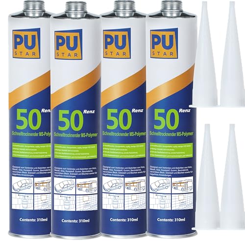 Pustar Renz50 Schnelltrocknender MS Polymer Kleber extra stark Karosseriekleber Montagekleber Baukleber Unterwasserkleber Dichtstoff Metallkleber All Materials Vielseitig (Weiß, 4 Kartuschen) von Pustar