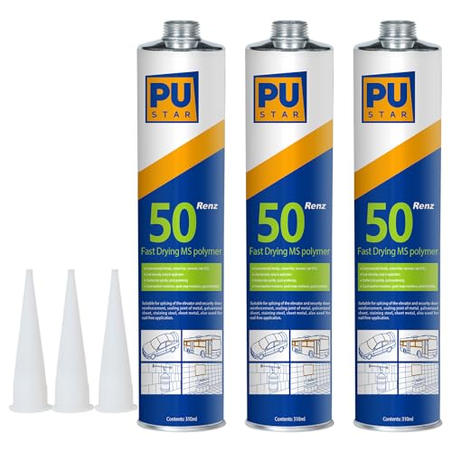 Pustar Renz50 Schnelltrocknender 1K MS Polymer Kleber extra stark Karosseriekleber Montagekleber Baukleber Unterwasserkleber Metallkleber Dichtstoff innen & außen All Materials 310ml (Schwarz, 3) von Pustar