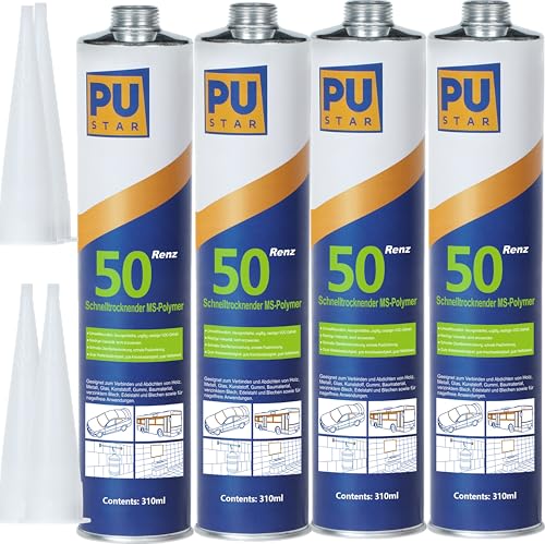 Pustar Renz50 Schnelltrocknender 1K MS Polymer Kleber extra stark Karosseriekleber Montagekleber Baukleber Unterwasserkleber Metallkleber Dichtstoff innen & außen All Materials 310ml (Schwarz, 4) von Pustar