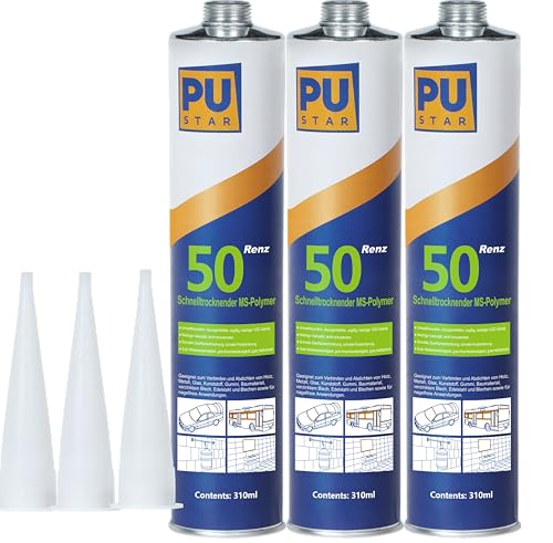 Pustar Renz50 Schnelltrocknender 1K MS Polymer Kleber extra stark Karosseriekleber Montagekleber Baukleber Unterwasserkleber Metallkleber Dichtstoff innen & außen All Materials 310ml (Weiß, 3) von Pustar