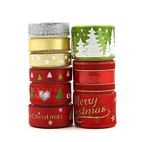 Pveath Weihnachtsbänder 9 Rollen Rot/Silber/Gold/Grün Geschenkbänder Ripsband Bandstreifen Glänzendes Geschenk Kuchenverpackung Weihnachtsdekor Bandriemen Trim Haarband Nähen von Pveath