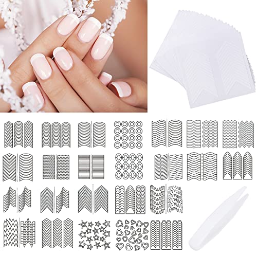 24 Sheets Self-Adhesive French Nail Stickers mit Pinzette, French Nail Sticker Stencils 3D White Line Nail Art Tape for DIY Art Stickers-Mond, Stern und Herz Form Design von Pwsap