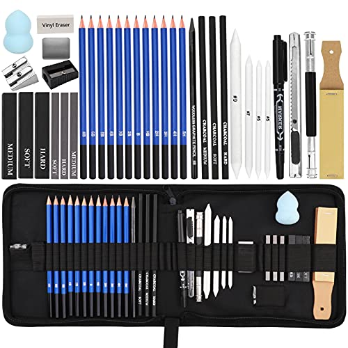 36Stück Skizzierstifte Set,Sketching Pencil Zeichenset Bleistifte Skizzieren Zeichenstifte Profi Art mit Graphit Kohlestifte Stick Werkzeuge und Kit Bag für Künstler Schüler Lehrer Erwachsene Anfänger von Pwsap