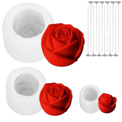 3Stück Kerzenform Roseform Kerzen, 3D DIY Silikonform Kerzen-Gießen Formen Handgemachte für Bastel Ornamente, DIY Duftkerze, Pudding, Seife, Antihaft Silikon Kerzenformen mit 12 Kerzendocht von Pwsap