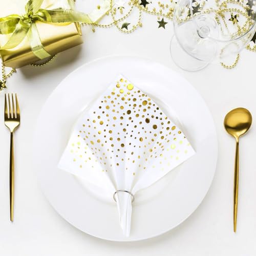 60 Stück Weiß Gold Gepunktet Party-Servietten,Servietten Gold Dots Papierservietten Golden Foiled Papierservietten Weiß mit Goldenen Cocktail-Servietten Party-Servietten Abendessen Servietten,33x33cm von Pwsap