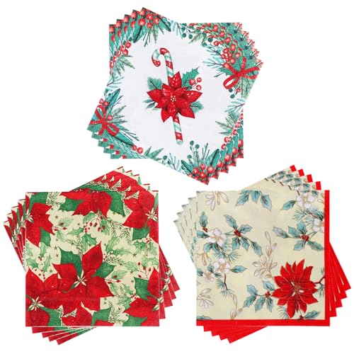 60 Stück Weihnachts Serviette, Weihnachtsblumen Motiv Papierservietten Paper Napkins Wegwerfservietten Bedruckte Papiertaschentücher Partyzubehör Weihnachtliche Tischdekoration, 33 x 33cm, 3 Muster von Pwsap