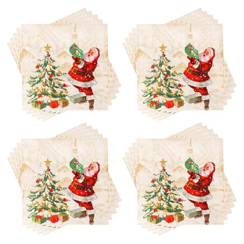 60Stück Weihnachts Serviette, Santa Weihnachtsbaum Motiv Papierservietten Paper Napkins Gold Wegwerfservietten Bedruckte Papiertaschentücher Partyzubehör Weihnachtliche Tischdekoration, 33 x 33cm von Pwsap