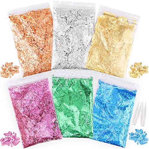 6Packs Imitation Gold Flocken, Blattmetall Gold Blattgold Flakes Gold Blatt und Silber Blatt für Vergoldung Handwerk, Harzkunst Kunsthandwerk Nagelkunst, mit Pinzetten(Gold,Silber,Blau,Grün,Rosenrot) von Pwsap