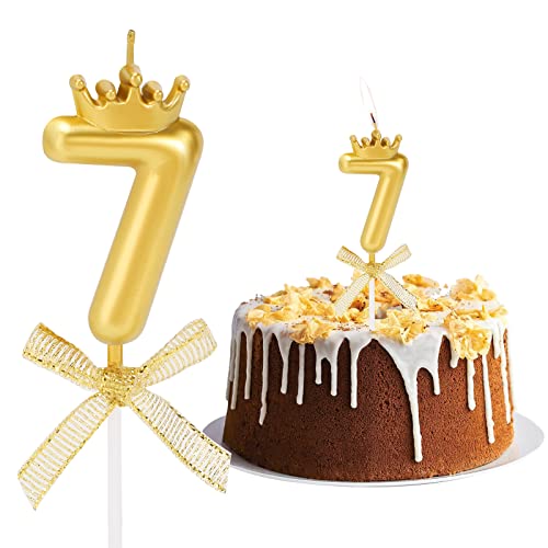 Geburtstag Nummer Kerzen, Zahlenkerze mit Schleife und Krone Mädchen Geburtstagskerzen Kuchen Kerzen Zahl 7 Glitzer Kuchen Topper Dekoration für Hochzeit Geburtstag Jubiläum Feier Abschluss, Golden von Pwsap