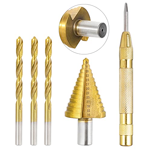 HSS Stufenbohrer Satz Set 5tlg, 5-35 mm Hex Shank, Titanbeschichtet, Schälbohrer Kegelbohrer Konusbohrer Metallbohrer Bohrer Satz, Edelstahl Bithalter, mit Automatischer Zentrierstempel von Pwsap