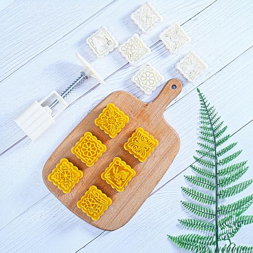 Mooncake Mould Press 50g mit 6 Briefmarken, Mondkuchenform Presse Keksstempeln Kuchenpresse Quadrat Blumen Dekoration Werkzeuge für Backen DIY Cookie, Kuchen, Keksen, Dessert, Weiß von Pwsap