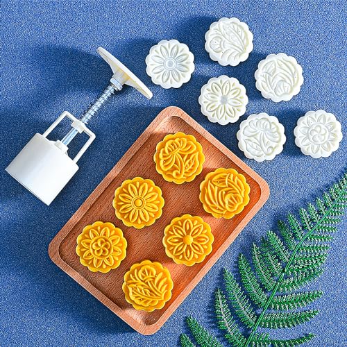 Mooncake Mould Press 50g mit 6 Briefmarken, Mondkuchenform Presse Keksstempeln Kuchenpresse Runde Blumen Dekoration Werkzeuge für Backen DIY Cookie, Kuchen, Keksen, Dessert,Weiß von Pwsap