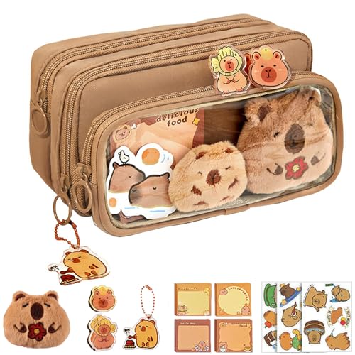 Cute Capybara Pencil Case, Multi-Layer Large Capacity Capybara Pencil Pouch, Pen Bag Canvas Capybara with Compartments, Comes with Brooch, Stickers, Pendant, and Memo Pad (Brown) von Pwzoax