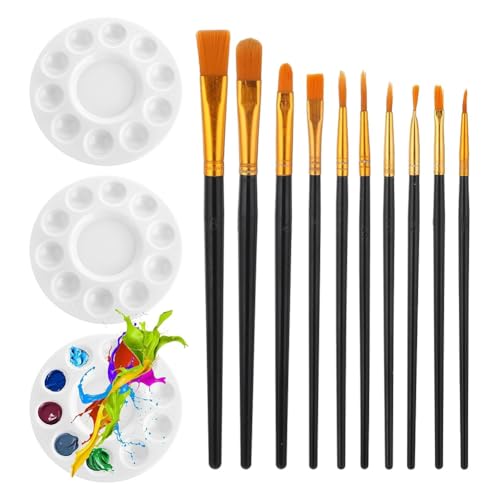 Pyatofly Pinselpaletten-Set, 10-Teilig, Nylon-Pinsel für Acrylfarben, 3-Teilig, Runde Farbwannen-Palette zum Malen von Pyatofly