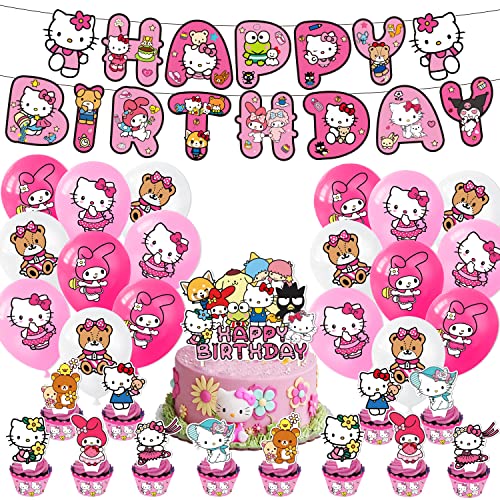 Hello Kty Geburtstagsparty-Dekorationen, Kitty-Partyzubehör, Banner, Luftballons, Kitty-Kuchenaufsätze, Kuchendekorationen, Cupcake-Topper von Pyeunglloon