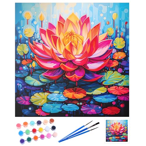 Pykaqil Malen Nach Zahlen Blumen, Malen Nach Zahlen Erwachsene, DIY Ölgemälde Leinwand für Anfänger, Paint by Numbers Adult, 40X40 cm, Lotus (Ohne Rahmen) von Pykaqil