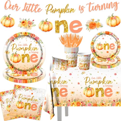 142 Stück Little Pumpkin is Turning One Geschirr, Herbst Little Pumpkin Teller Servietten Becher für kleine Kürbis Babyparty Dekorationen Herbst Thanksgiving Party Supplies von Pymurod