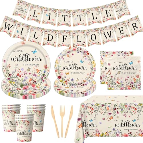 Wildflower Party Supplies Pappteller und Servietten Einweggeschirr Frühling Floral Babyparty Geburtstag Geschirr Kleine Wildblume ist unterwegs Dekorationen für Frühling Sommer Picknick Hochzeit von Pymurod