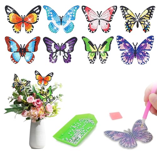 8 Stück Schmetterling Diamond Painting Kits, Diamond Painting Art für Garten Dekor, Diamond Painting Schmetterling Stakes, Schmetterling Diamant Painting Ornaments Zubehör von Pynvxo