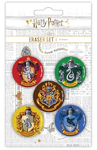 Harry Potter Radiergummi-Set 5 Stück (Hogwarts-Wappen-Design), Hogwarts-Häuser-förmige Radiergummis, Harry Potter-Schulbedarf, Gryffindor, Slytherin, Ravenclaw, Hufflepuff – offizielles Merchandise von Pyramid International