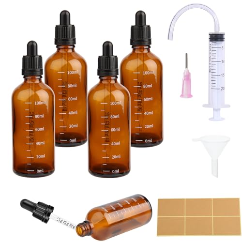 4 Stück Pipettenflasche 100ml Tropfflasche Brown Dropper Bottle Flasche Mit Pipette und Skala GlasfläSchchen Braunglas mit 10 Hilfsmitteln Für ätherische öL, ParfüMöLe, Aromatherapie,DüFte,FlüSsigkeit von Pyroclasia