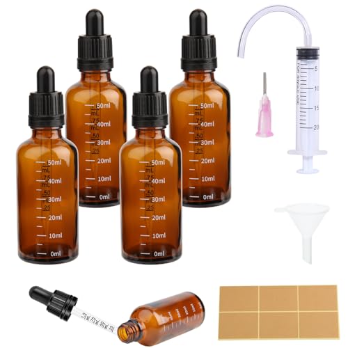 4 Stück Pipettenflasche 50ml Tropfflasche Brown Dropper Bottle Flasche Mit Pipette und Skala GlasfläSchchen Braunglas mit 10 Hilfsmitteln Für ätherische öL, ParfüMöLe, Aromatherapie,DüFte,FlüSsigkeit von Pyroclasia