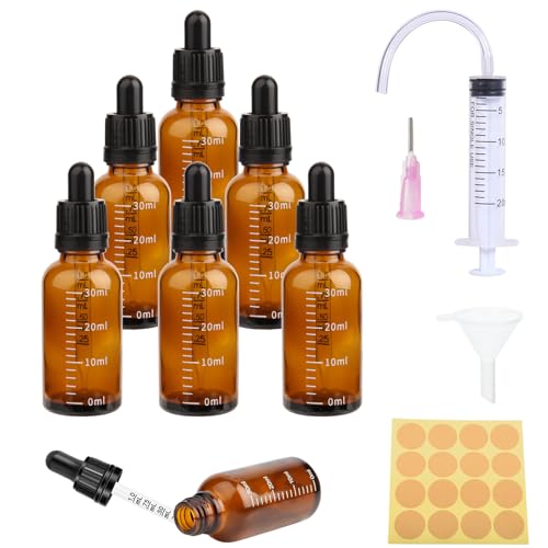 6 Stück Pipettenflasche 30ml Tropfflasche Brown Dropper Bottle Flasche Mit Pipette und Skala GlasfläSchchen Braunglas mit 5 Hilfsmitteln Für ätherische öL, ParfüMöLe, Aromatherapie,DüFte,FlüSsigkeit von Pyroclasia