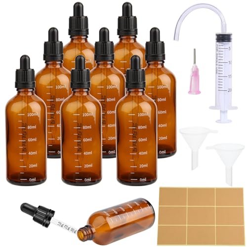 8 Stück Pipettenflasche 100ml Tropfflasche Brown Dropper Bottle Flasche Mit Pipette und Skala GlasfläSchchen Braunglas mit 18 Hilfsmitteln Für ätherische öL, ParfüMöLe, Aromatherapie,DüFte,FlüSsigkeit von Pyroclasia