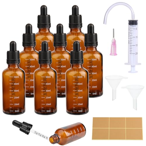 8 Stück Pipettenflasche 50ml Tropfflasche Brown Dropper Bottle Flasche Mit Pipette und Skala GlasfläSchchen Braunglas mit 18 Hilfsmitteln Für ätherische öL, ParfüMöLe, Aromatherapie,DüFte,FlüSsigkeit von Pyroclasia