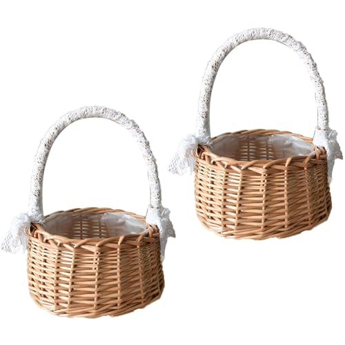 2 Stück Kleiner Weidenkorb mit Henkel, Streukorb Rattankorb, Streukorb Hochzeitskorb, Geflochtener Blumenkorb, Hochzeit Streukörbchen für Party Festival Hochzeit Fotografie Requisiten(Mittelgroß) von Pyuyan