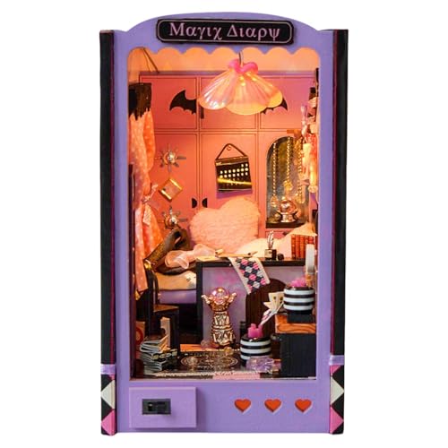 3D-Buchstützen, Buchstützen-Puzzle, Haus-Bücherregal-Ecke, Miniatur-Haus-Puzzle, violette Buchecken-Bücherregal-Einsatzdekoration, Knopfbatterie, 500 g, 9 x 16 x 13,5 cm für Wohnzimmer und von Pzuryhg