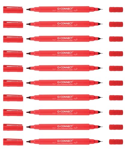 Q-Connect CD DVD BD Marker Doppelspitze/Marker Stift Stärke: mit einer ultrafeinen 0,4 mm Harzspitze und einer 1,0 mm Acrylfeder/Rot / 10 Stück - 10er Pack/Wasserfest/Ungiftig von Q-Connect