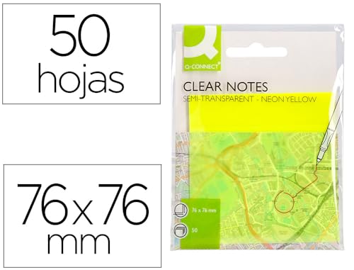 Q-Connect Notizblock, 76 x 76 mm, abnehmbar, transparent, gelbes Neon, mit 50 Blättern von Q-Connect