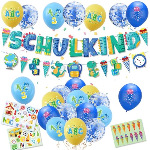 Q-WOOFF Einschulung Deko，Einschulung Mädchen，Schulanfang Deko，SCHULKIND Girlande，Zuckertüte Banner，22 Schulanfang Luftballon，3 Aufkleber Für Den Schulanfang，Einschulung Deko Mädchen（Rosa） (Blau) von Q-WOOFF